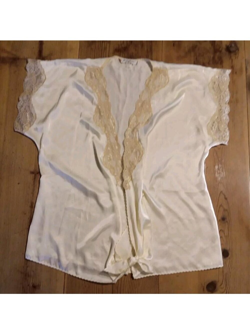 Vtg Farr West Lindsey Roscoe Womens S Cream Satin Lace Robe Short Open Front Tie